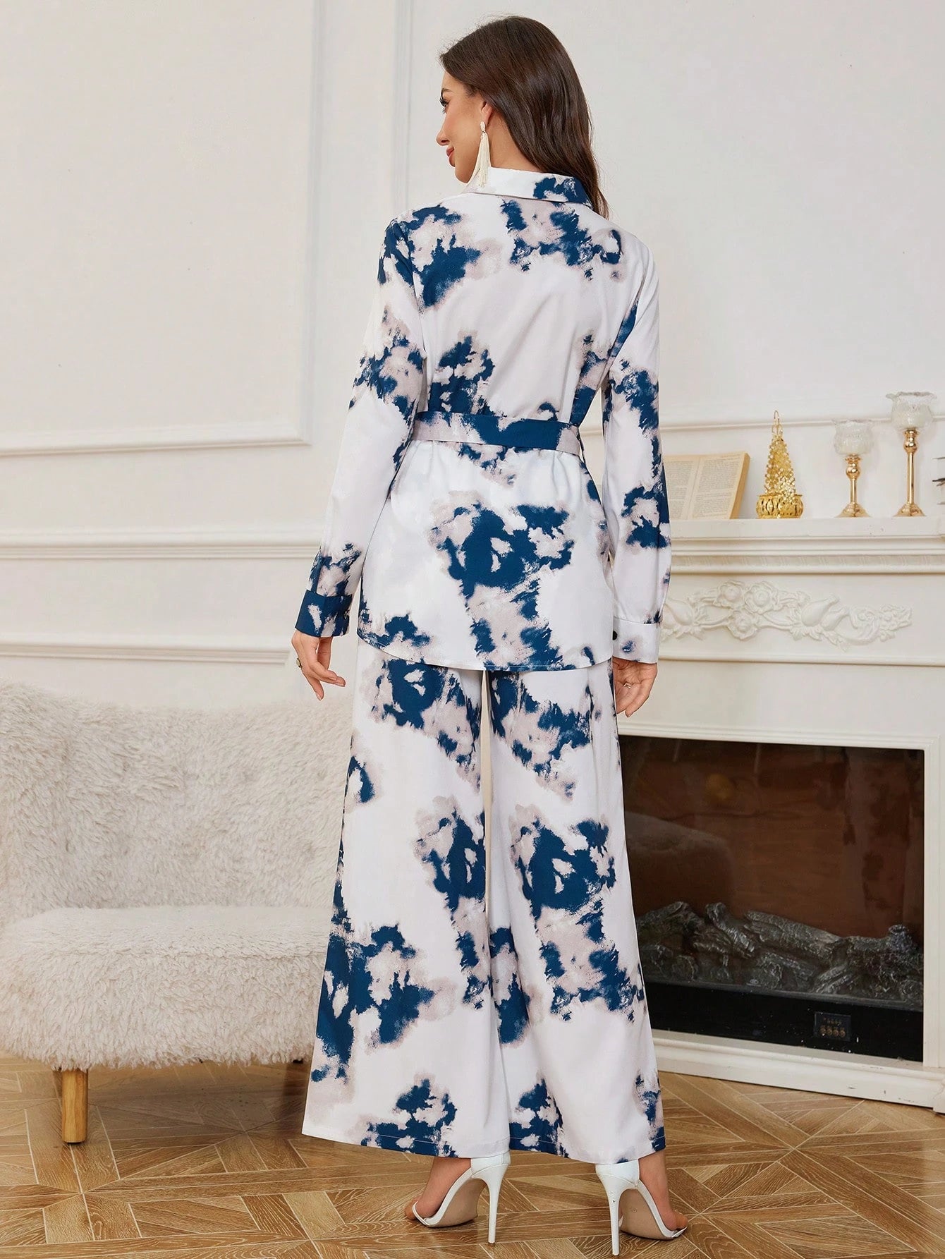 Women Tie-Dye Printed Loose Long Sleeve Shirt & Wide Leg Pants shein