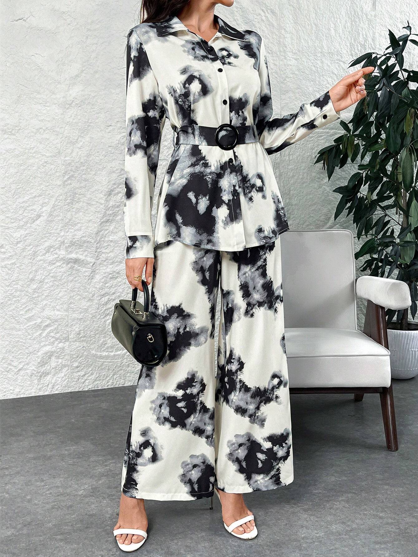 Women Tie-Dye Printed Loose Long Sleeve Shirt & Wide Leg Pants shein