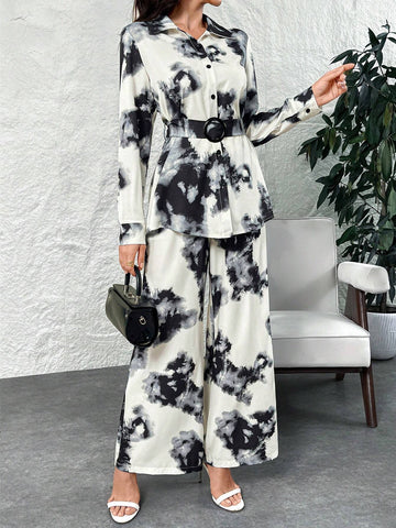 Women Tie-Dye Printed Loose Long Sleeve Shirt & Wide Leg Pants