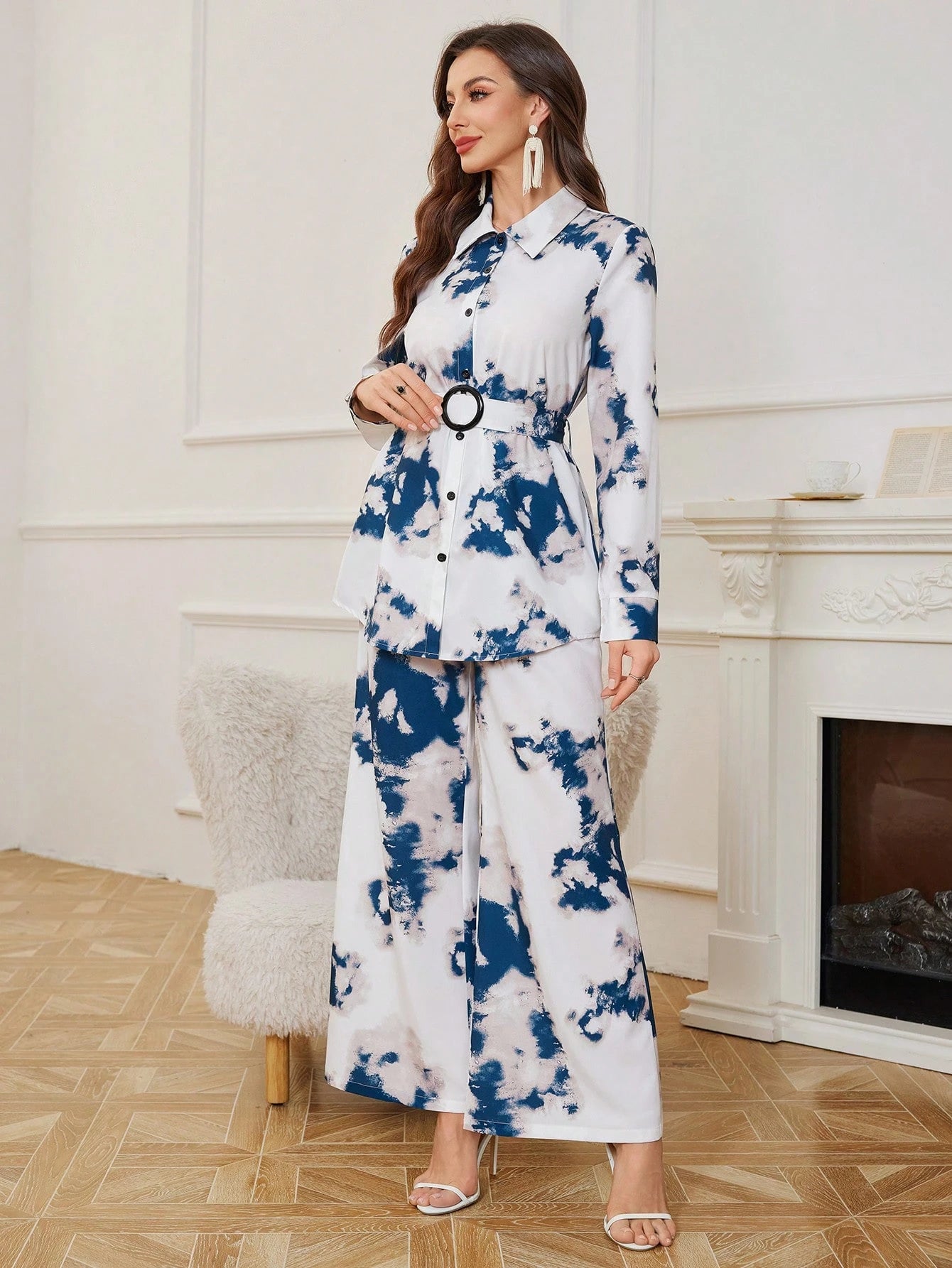 Women Tie-Dye Printed Loose Long Sleeve Shirt & Wide Leg Pants shein