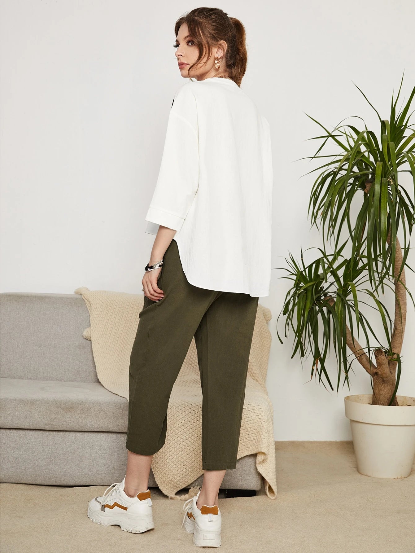 Mulvari Brush Print Drop Shoulder Asymmetrical Hem Blouse & Pants shein