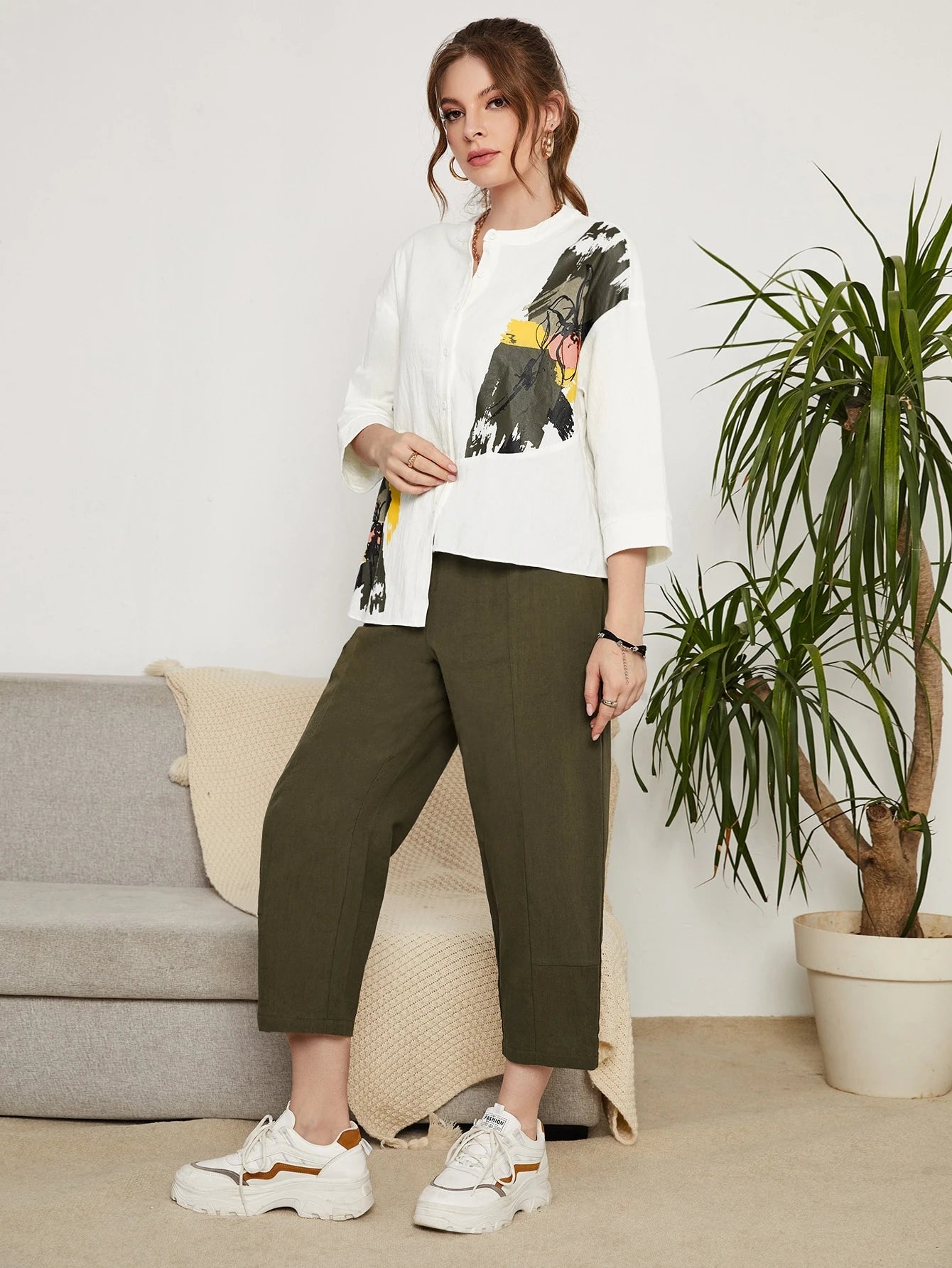 Mulvari Brush Print Drop Shoulder Asymmetrical Hem Blouse & Pants shein