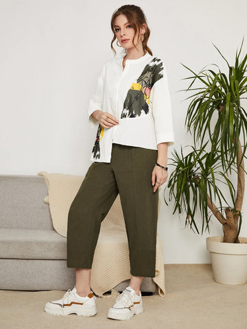 Mulvari Brush Print Drop Shoulder Asymmetrical Hem Blouse & Pants