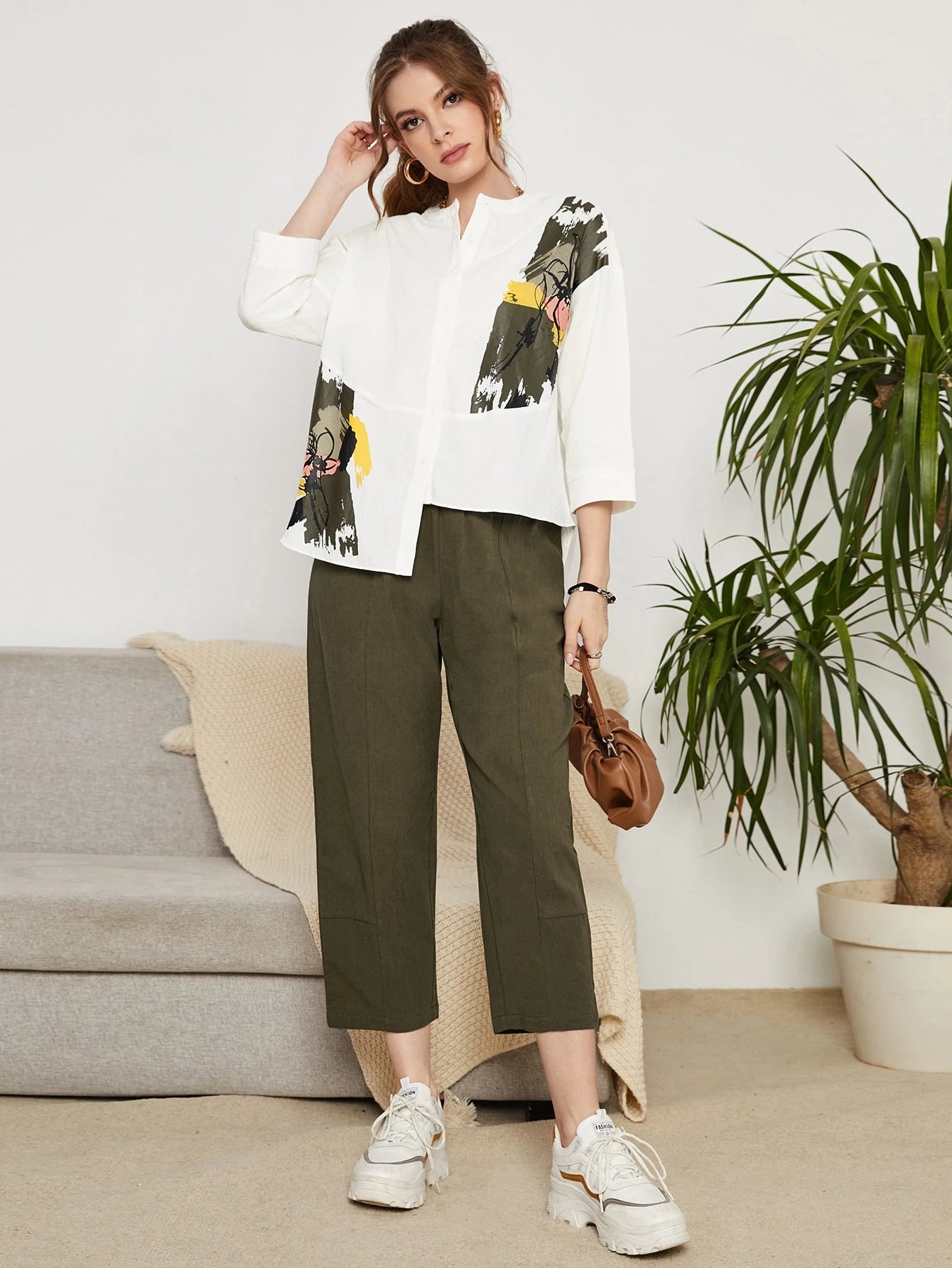 Mulvari Brush Print Drop Shoulder Asymmetrical Hem Blouse & Pants shein