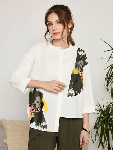 Mulvari Brush Print Drop Shoulder Asymmetrical Hem Blouse & Pants