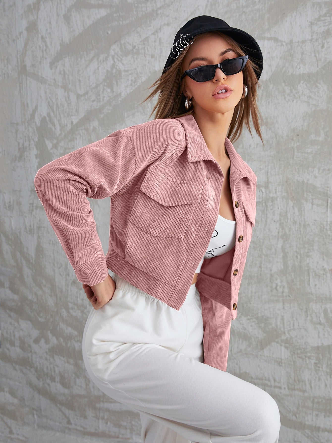 Aidyla Corduroy Flap Pocket Button Up Crop Jacket