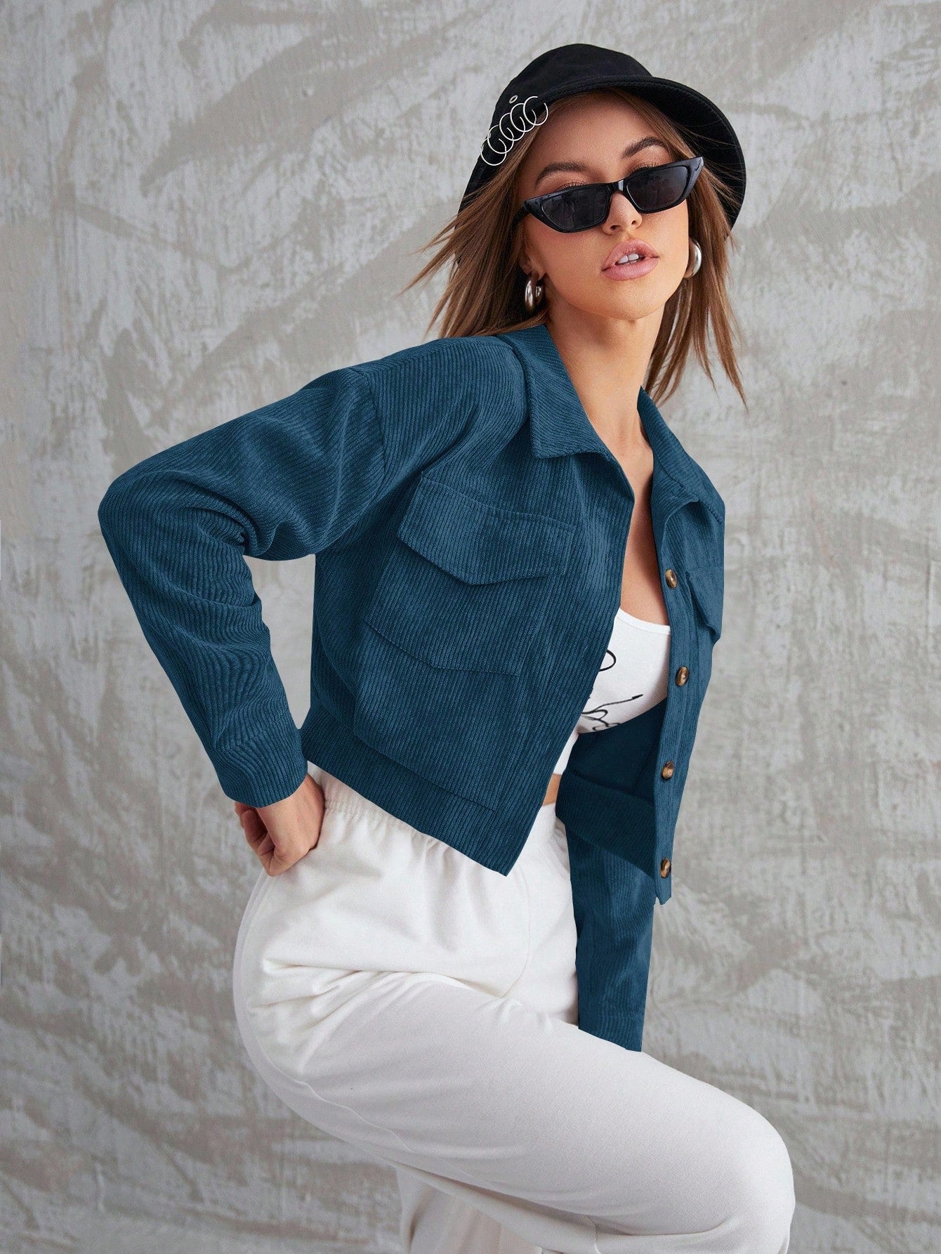 Aidyla Corduroy Flap Pocket Button Up Crop Jacket