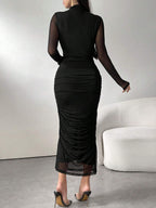 Long Sleeve Stand Collar Mesh Contrast Pleated Elegant Dress