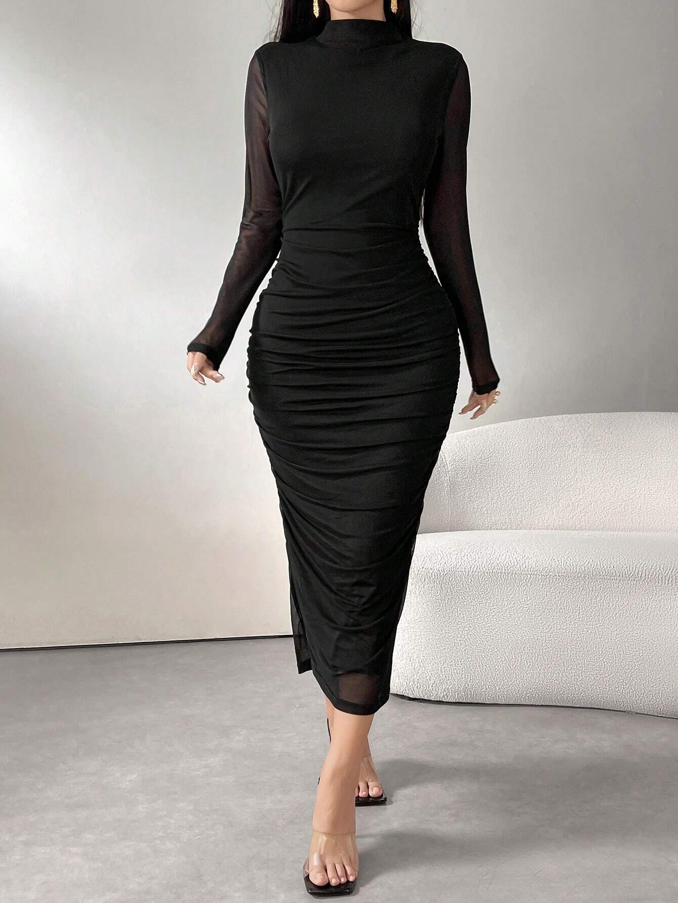 Long Sleeve Stand Collar Mesh Contrast Pleated Elegant Dress