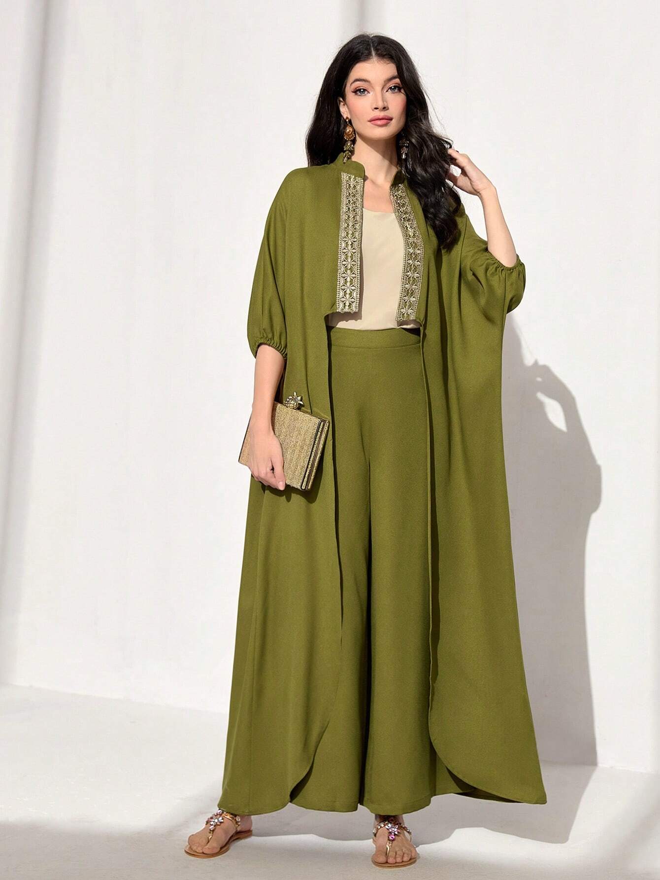 Najma Contrast Tape Batwing Sleeve Coat & Wide Leg Pants shein