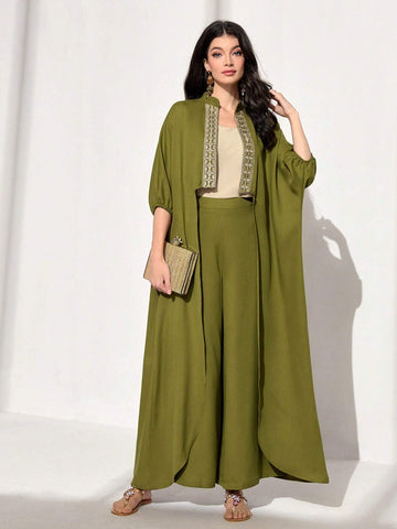 Najma Contrast Tape Batwing Sleeve Coat & Wide Leg Pants shein