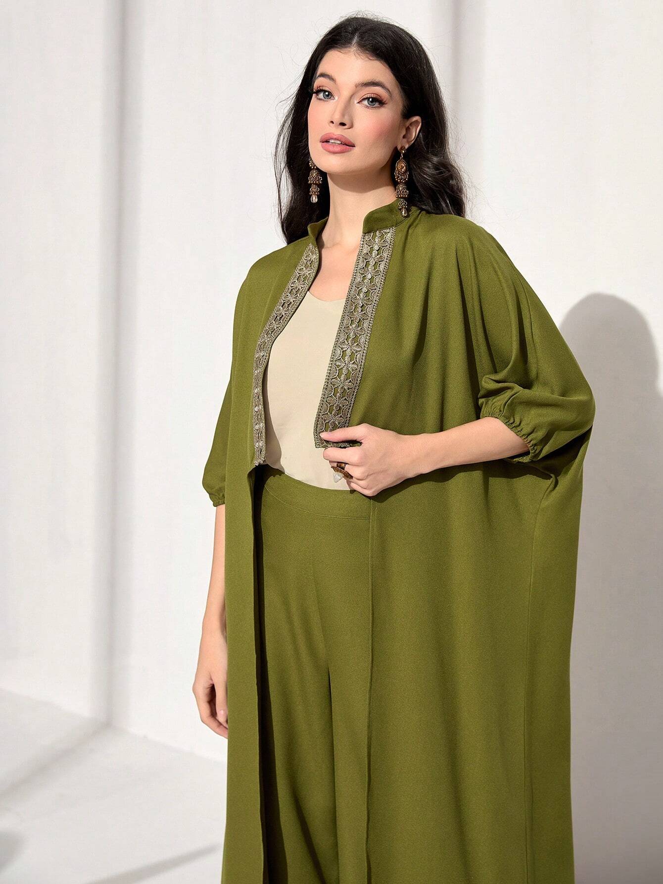 Najma Contrast Tape Batwing Sleeve Coat & Wide Leg Pants shein