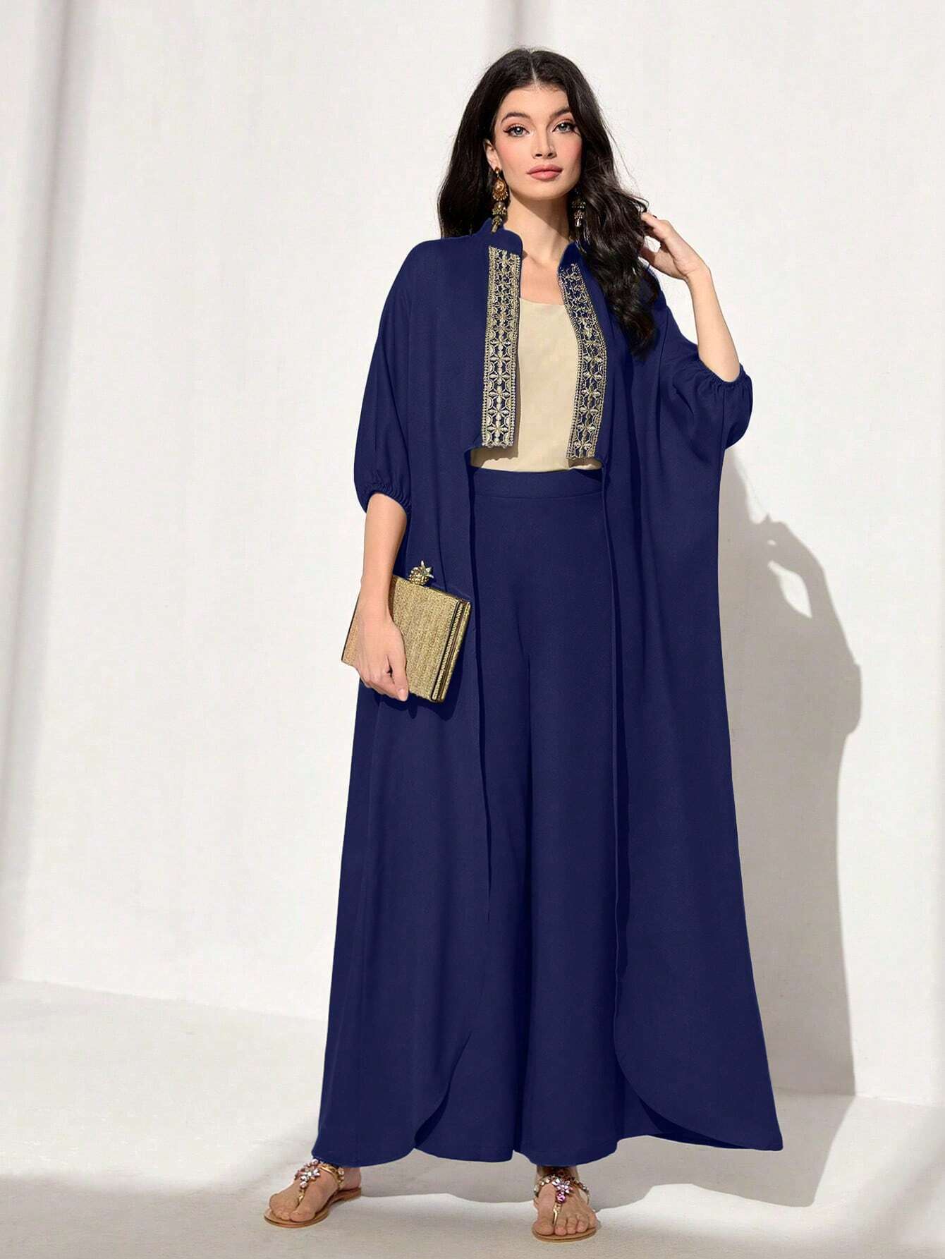 Najma Contrast Tape Batwing Sleeve Coat & Wide Leg Pants shein