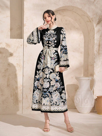 Najma Floral Print Belted Dress shein