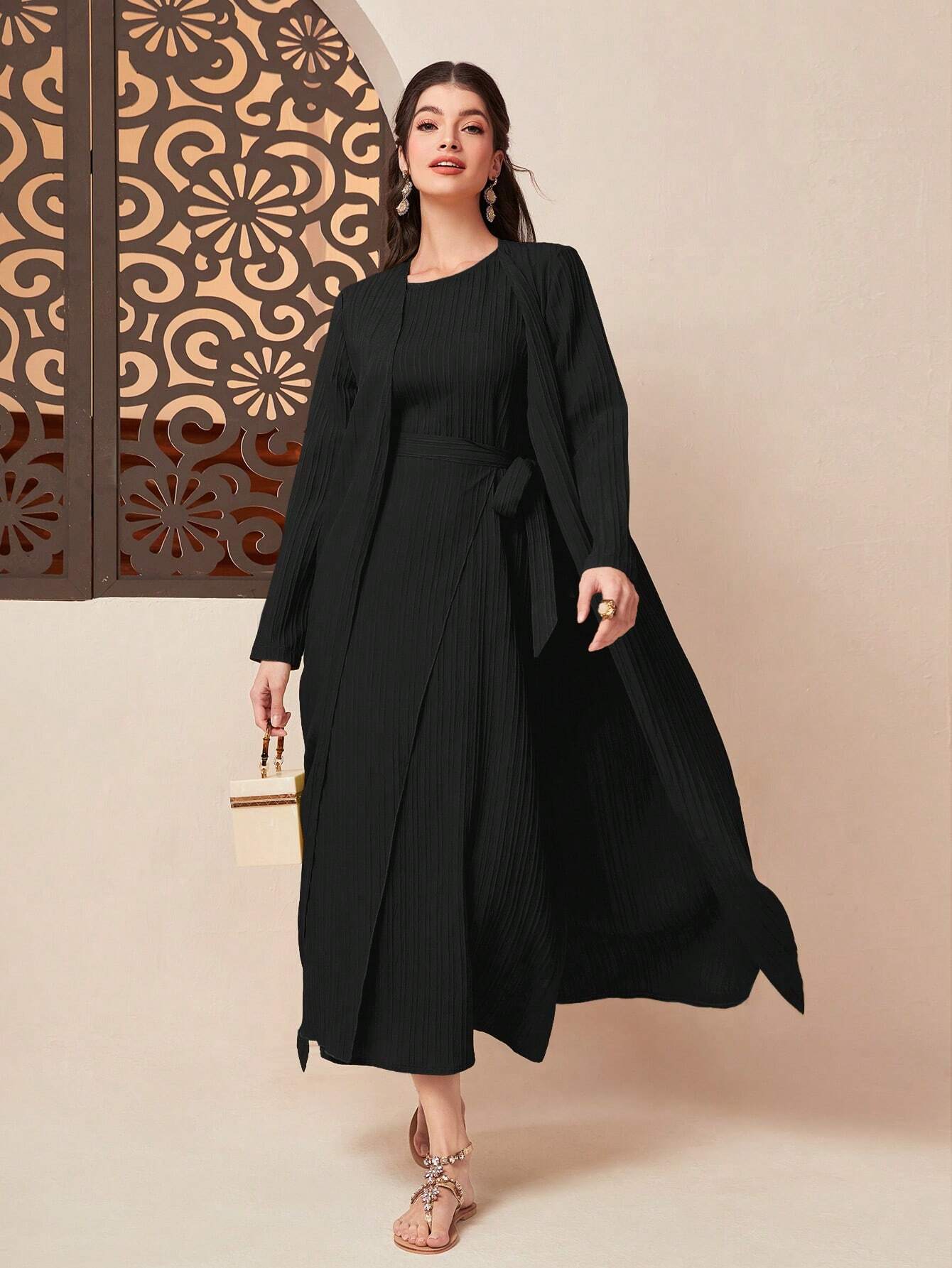 Najma Solid Abaya & Knot Side Dress Set shein