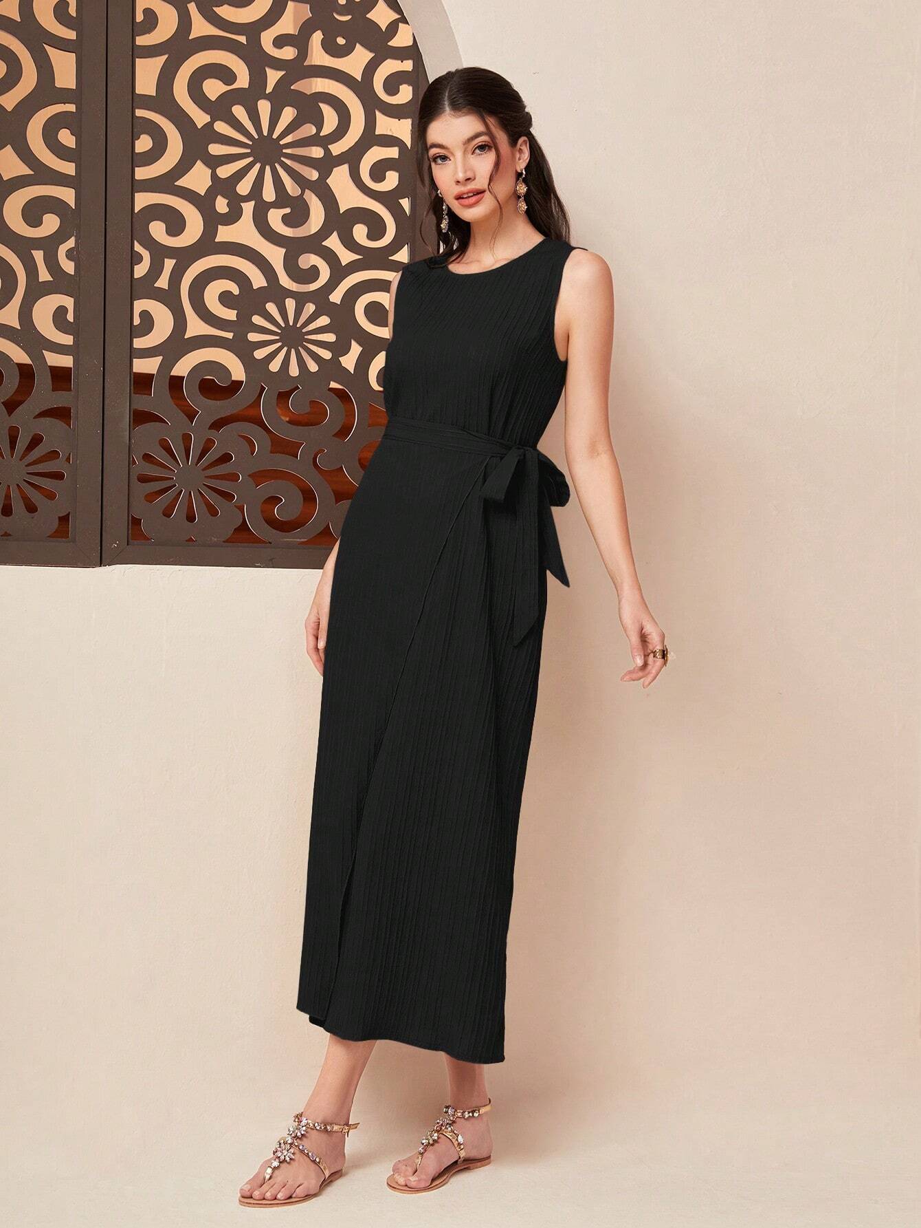 Najma Solid Abaya & Knot Side Dress Set shein