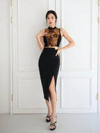 New Chinese Style Sleeveless Tank Top & Flared Skirt Set shein