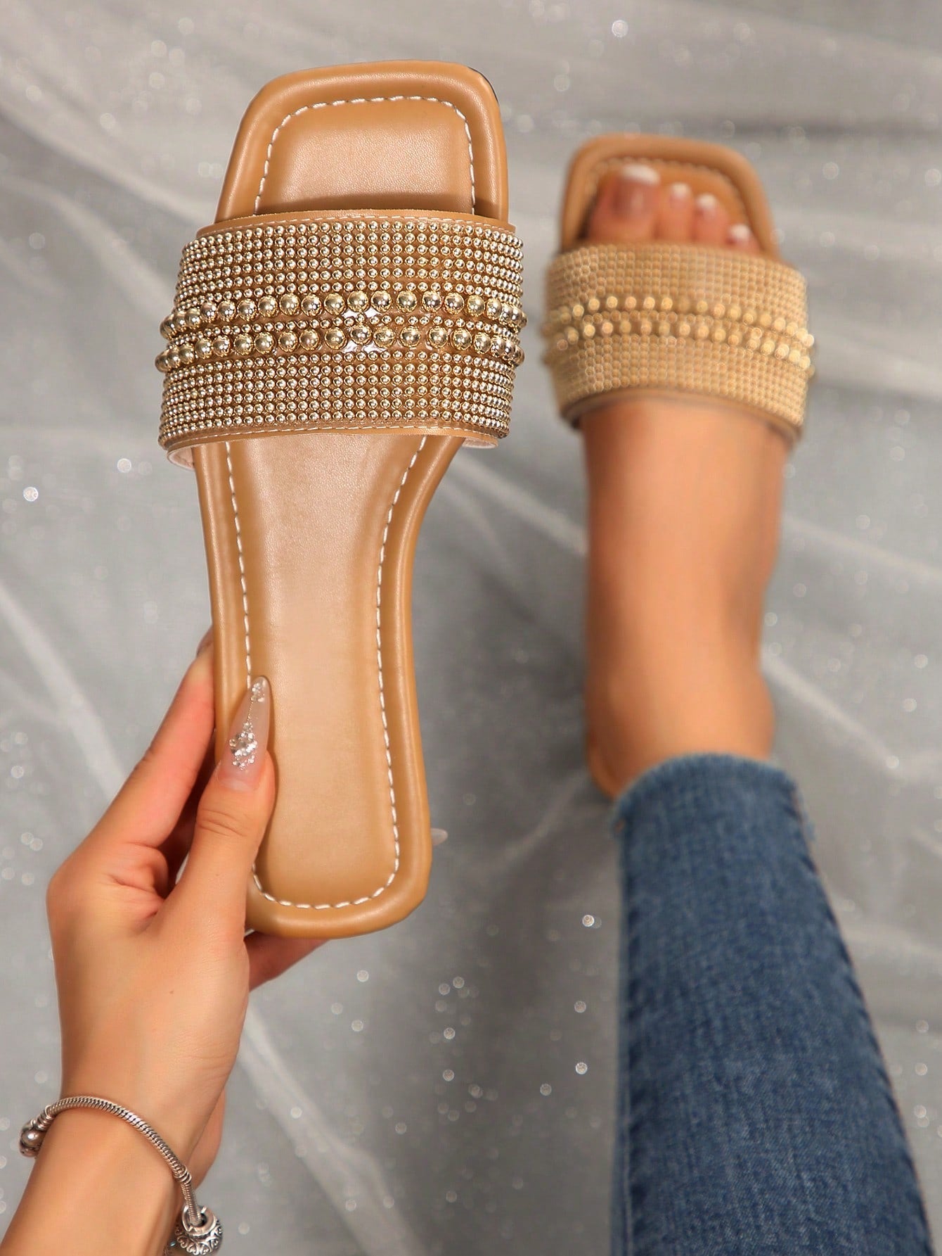 Rhinestone & Faux Pearl Decorated Mule Sandals shein
