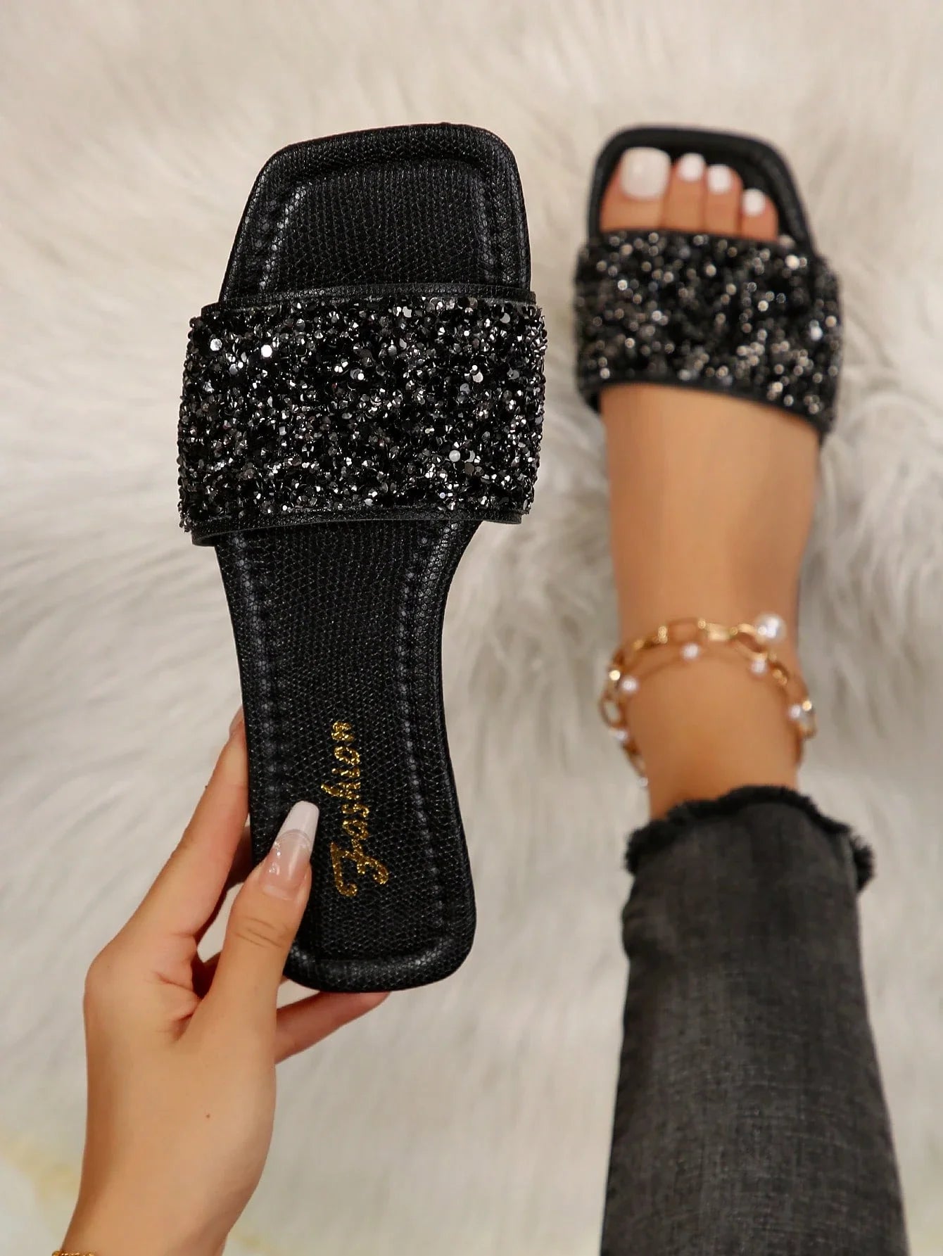 Rhinestone & Faux Pearl Decorated Mule Sandals shein