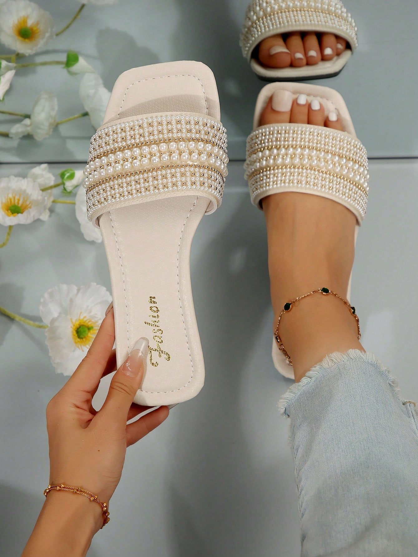 Rhinestone & Faux Pearl Decorated Mule Sandals shein