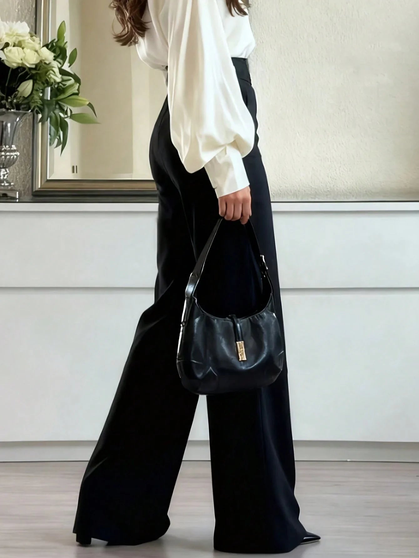 Versatile Solid Color Elegant High Waist Wide Leg Pants shein