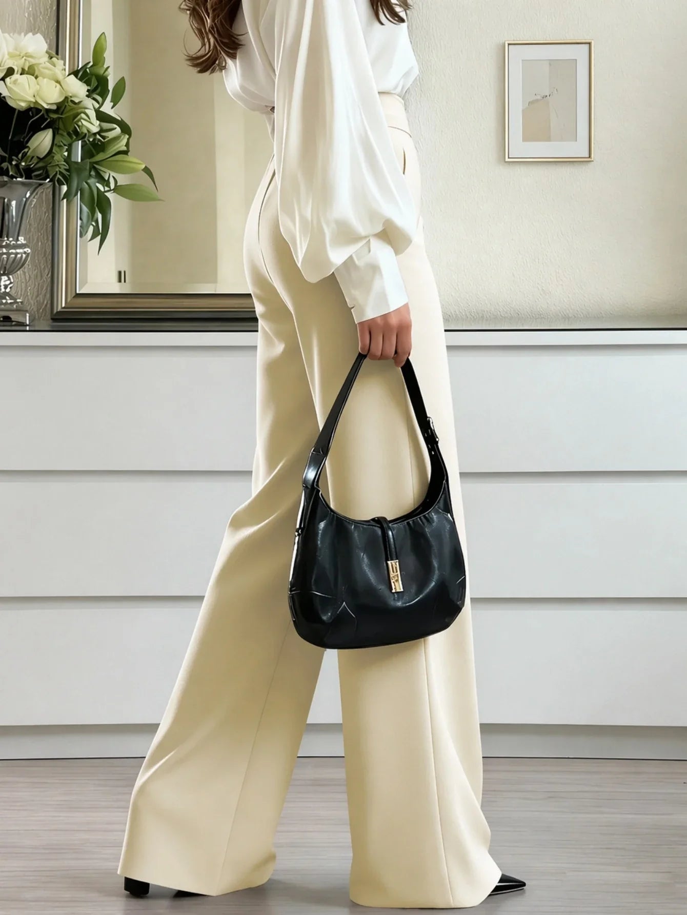 Versatile Solid Color Elegant High Waist Wide Leg Pants shein