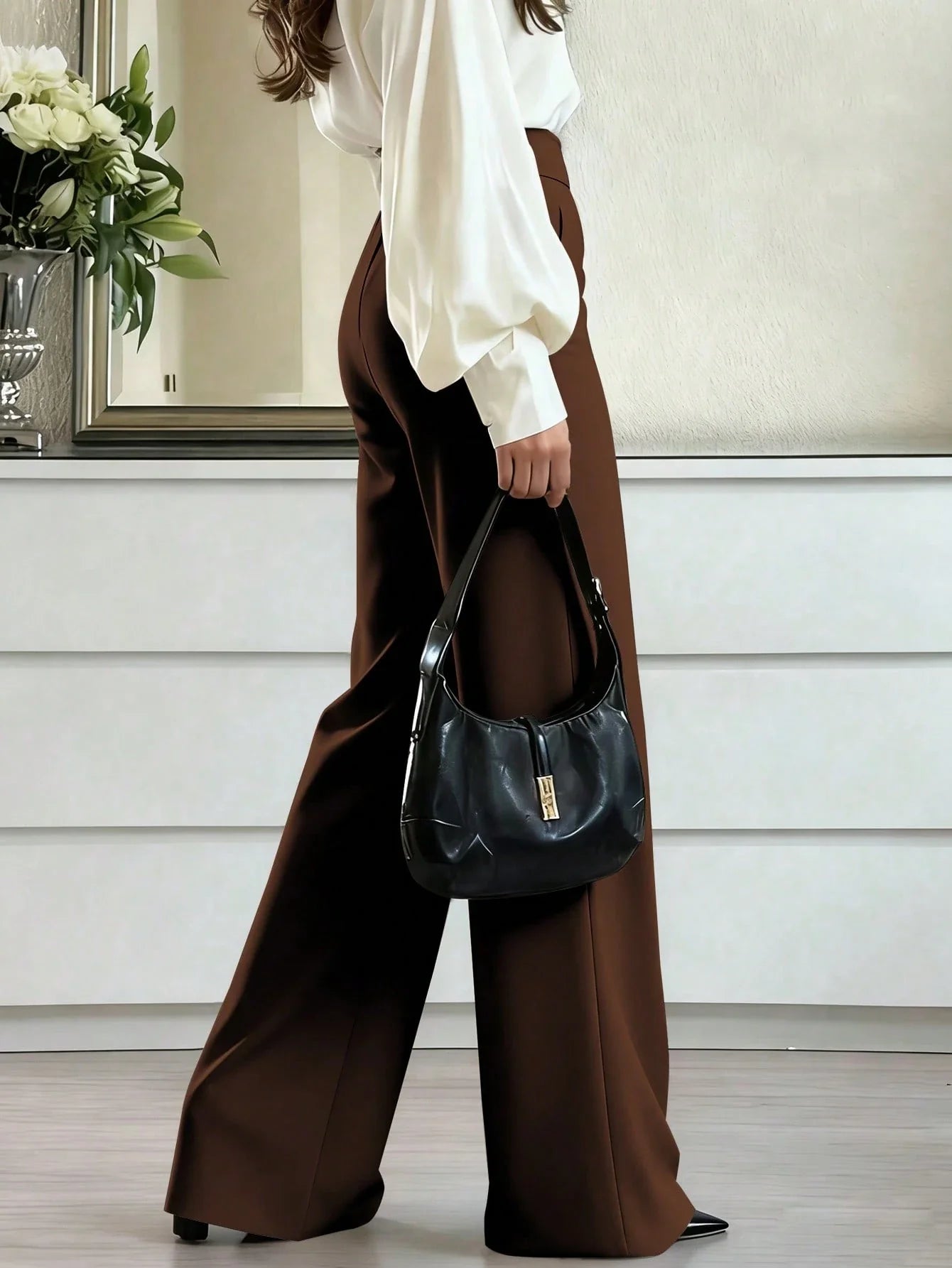 Versatile Solid Color Elegant High Waist Wide Leg Pants shein