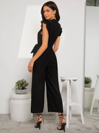 Notched Neckline Butterfly Sleeve Belted Jumpsuit shein