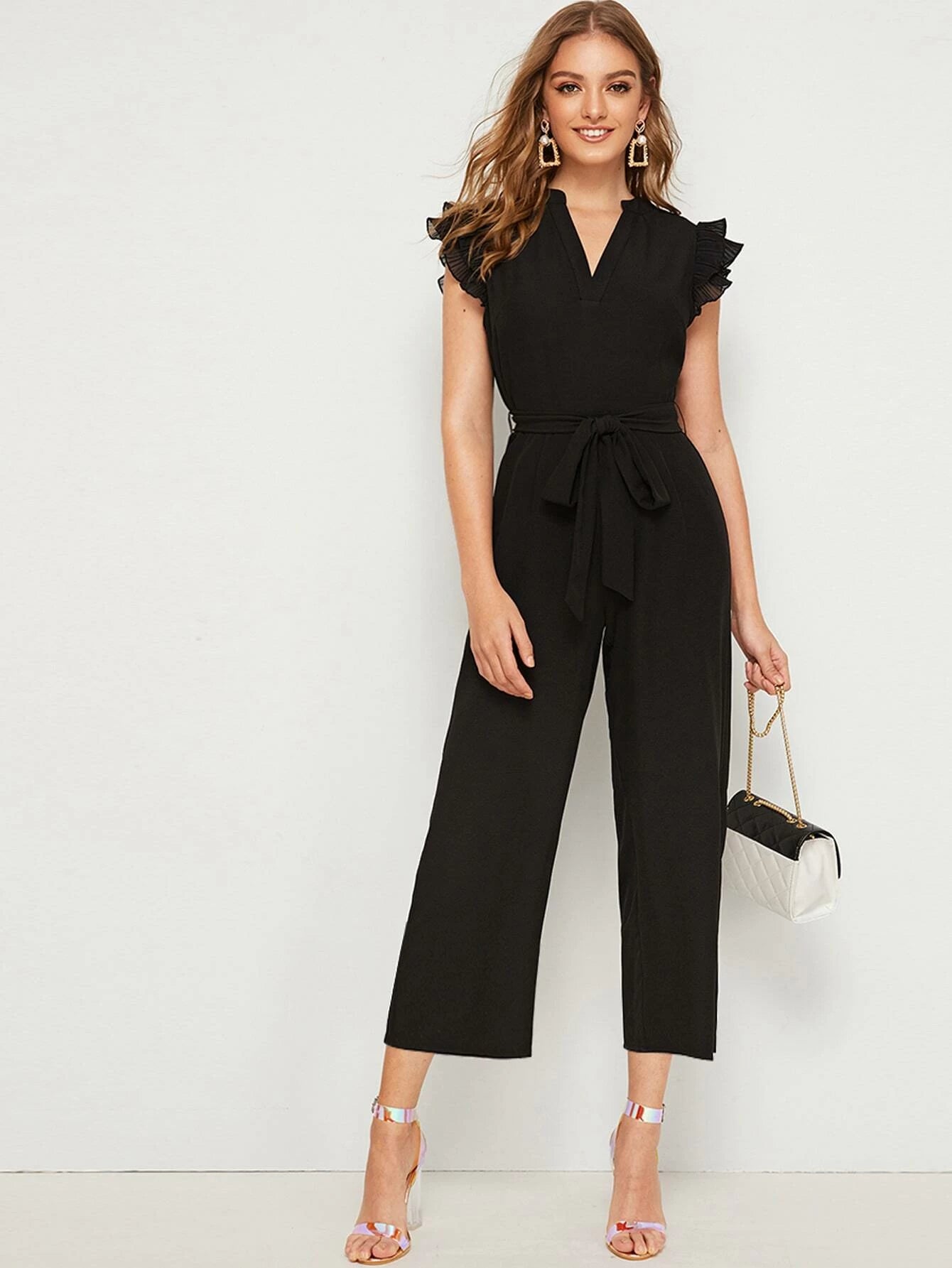 Notched Neckline Butterfly Sleeve Belted Jumpsuit shein