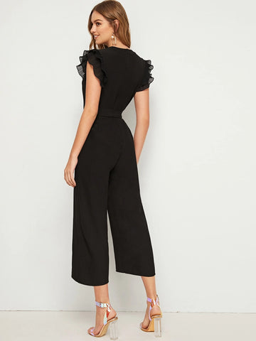 Notched Neckline Butterfly Sleeve Belted Jumpsuit shein