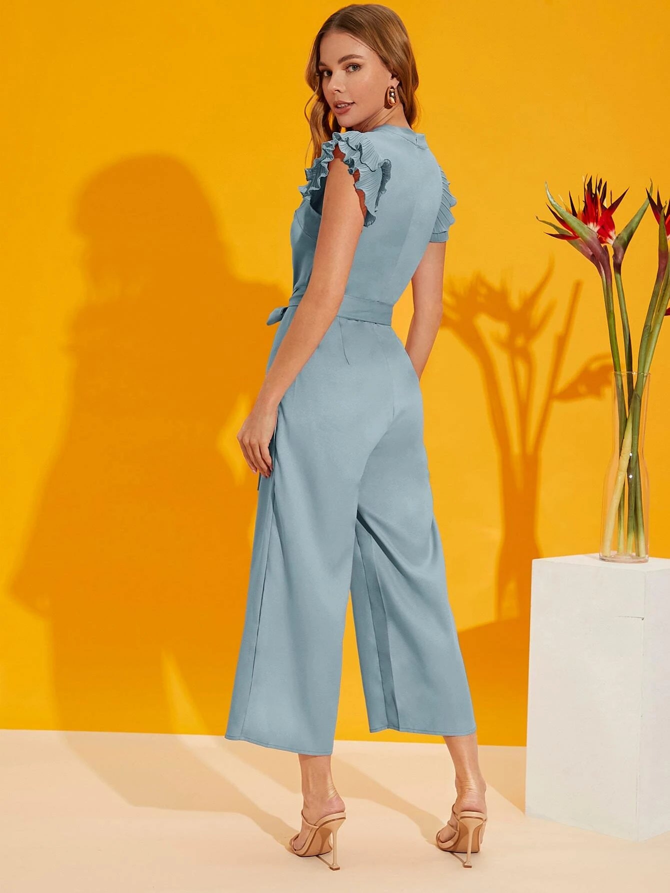 Notched Neckline Butterfly Sleeve Belted Jumpsuit shein