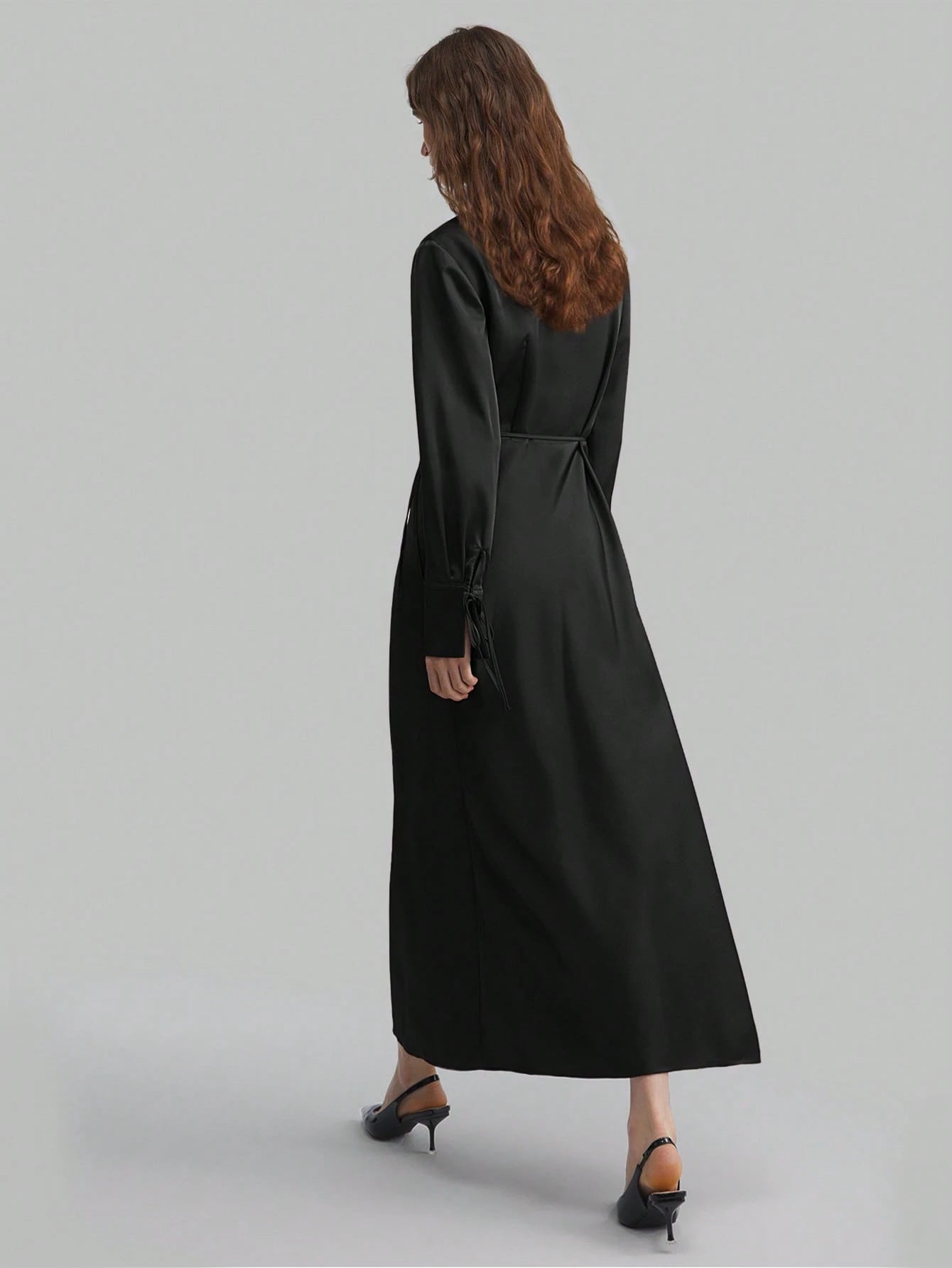 Women's Lapel Long Sleeve Tied V-Neck Loose Midi Dress shein