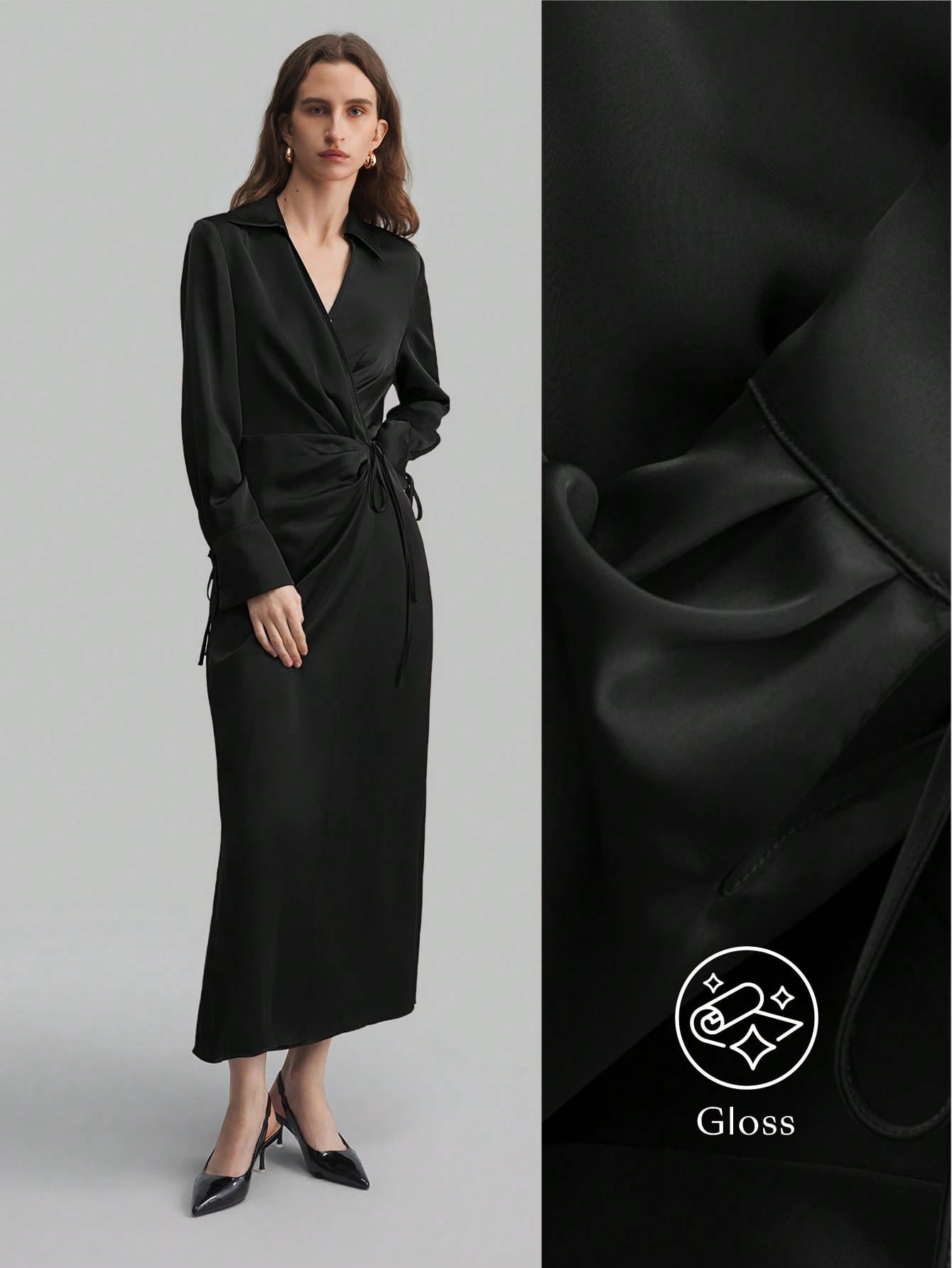 Women's Lapel Long Sleeve Tied V-Neck Loose Midi Dress shein