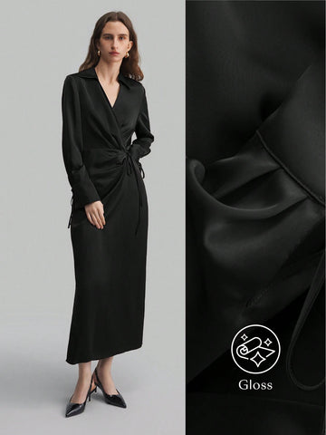 Women's Lapel Long Sleeve Tied V-Neck Loose  Midi Dress