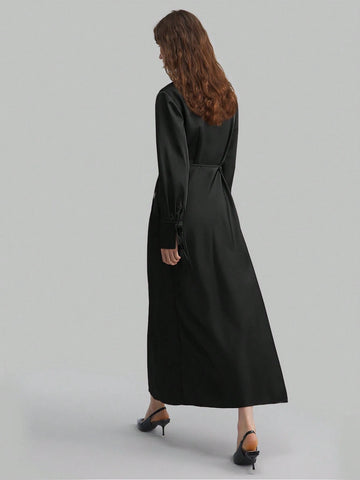Women's Lapel Long Sleeve Tied V-Neck Loose  Midi Dress