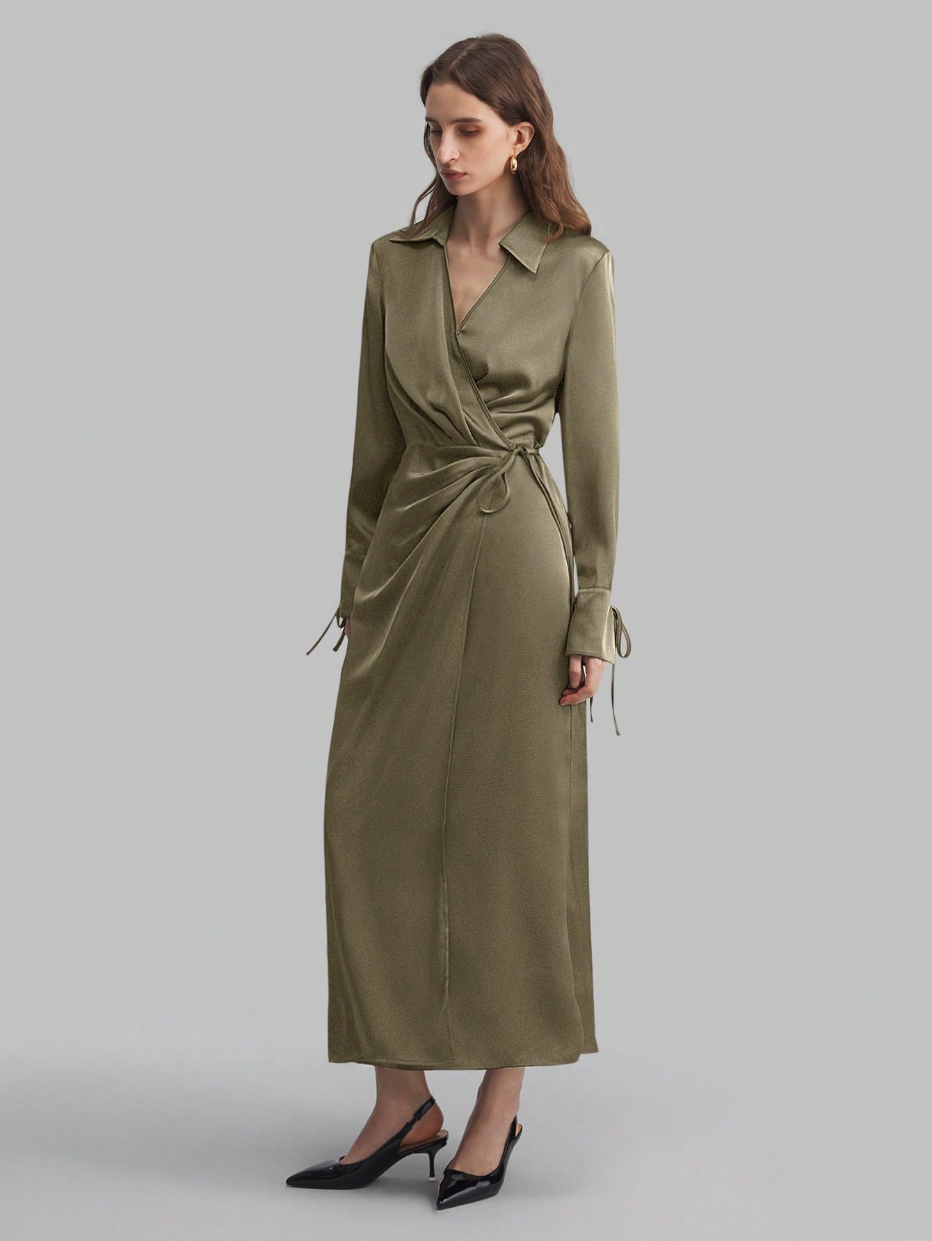 Women's Lapel Long Sleeve Tied V-Neck Loose Midi Dress shein