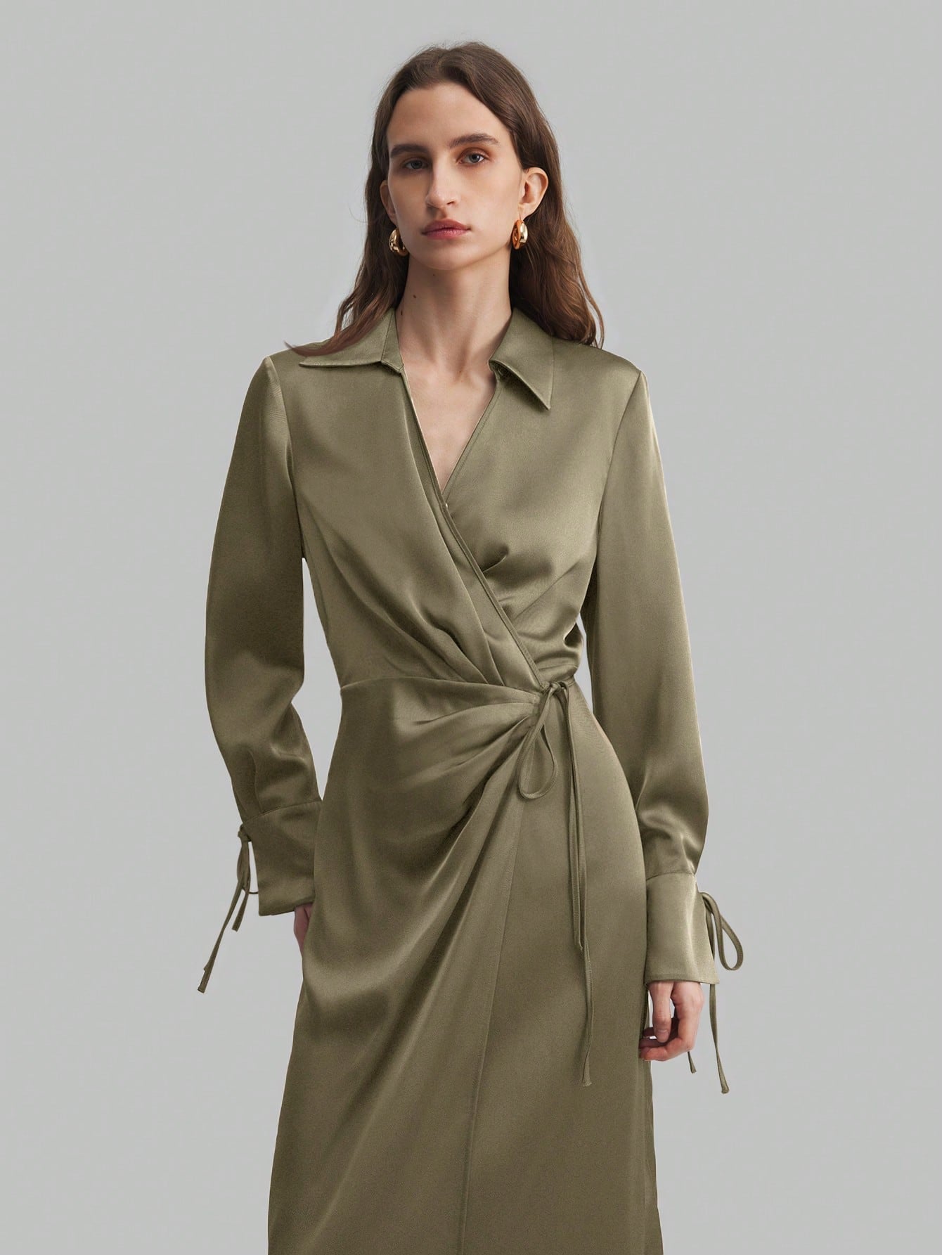 Women's Lapel Long Sleeve Tied V-Neck Loose Midi Dress shein