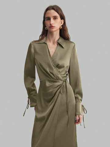 Women's Lapel Long Sleeve Tied V-Neck Loose  Midi Dress