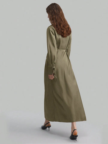 Women's Lapel Long Sleeve Tied V-Neck Loose  Midi Dress