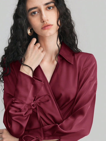 Women's Lapel Long Sleeve Tied V-Neck Loose  Midi Dress