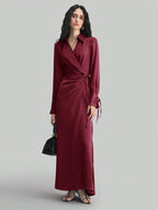 Women's Lapel Long Sleeve Tied V-Neck Loose Midi Dress shein