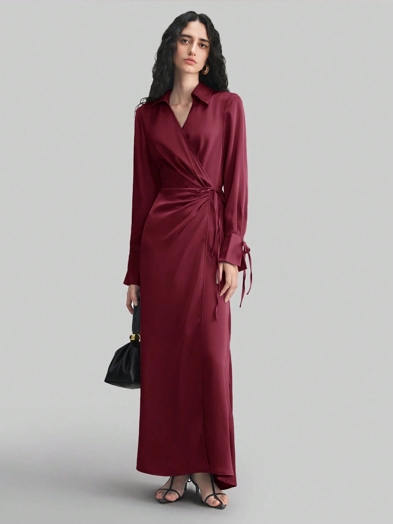 Women's Lapel Long Sleeve Tied V-Neck Loose Midi Dress shein
