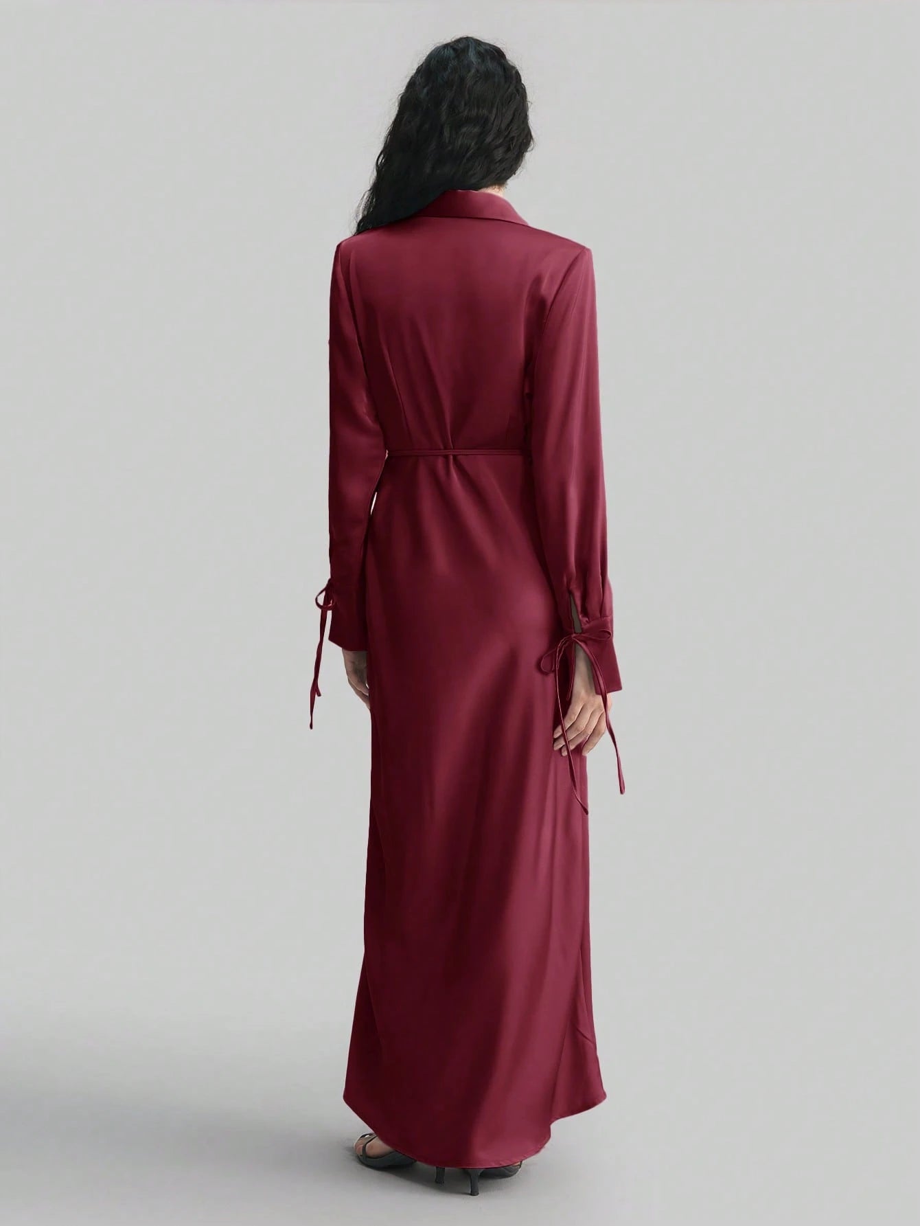 Women's Lapel Long Sleeve Tied V-Neck Loose Midi Dress shein