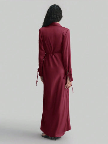 Women's Lapel Long Sleeve Tied V-Neck Loose  Midi Dress