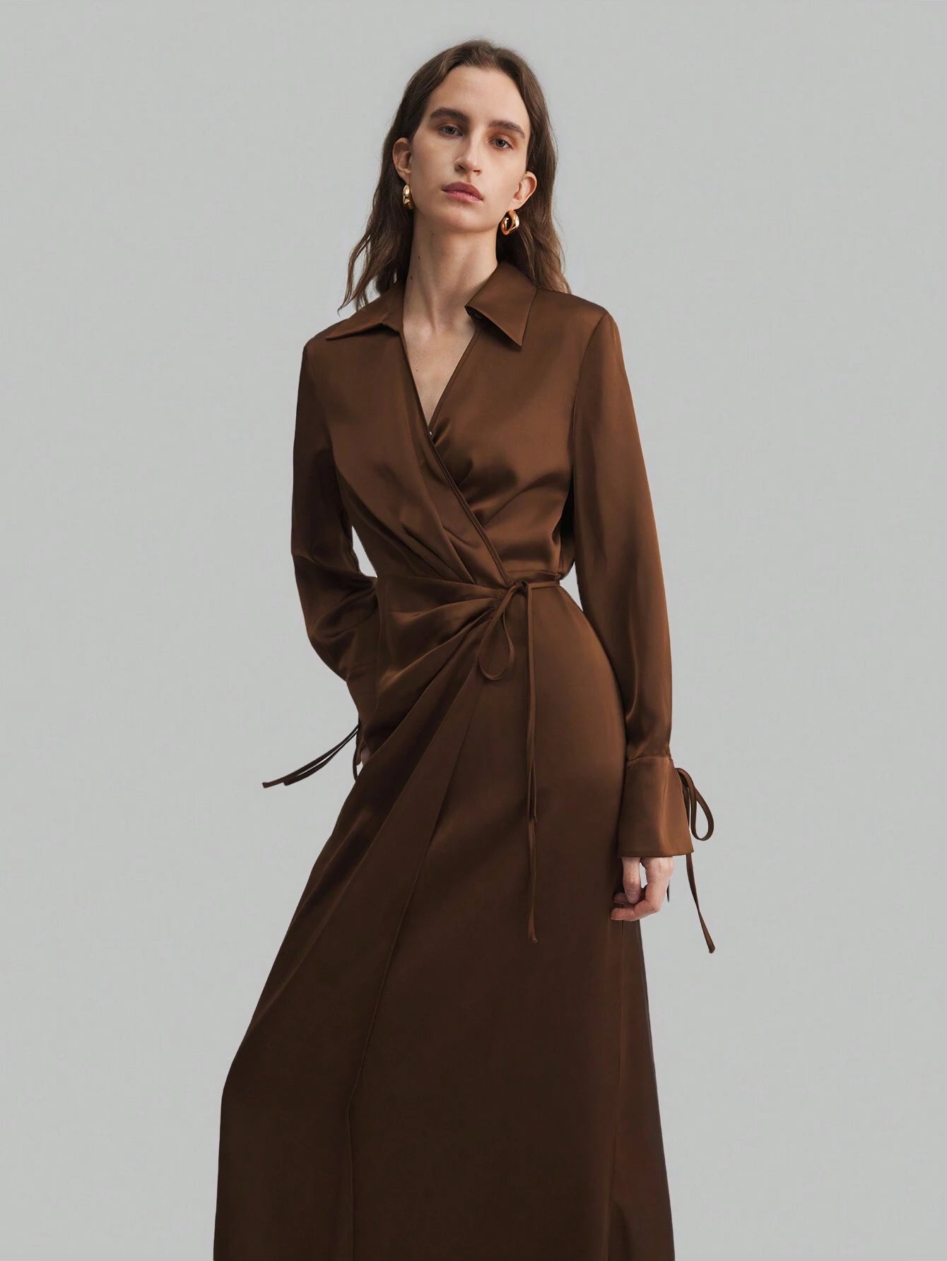 Women's Lapel Long Sleeve Tied V-Neck Loose Midi Dress shein