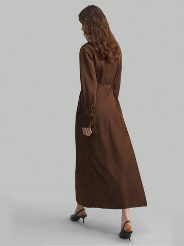 Women's Lapel Long Sleeve Tied V-Neck Loose  Midi Dress