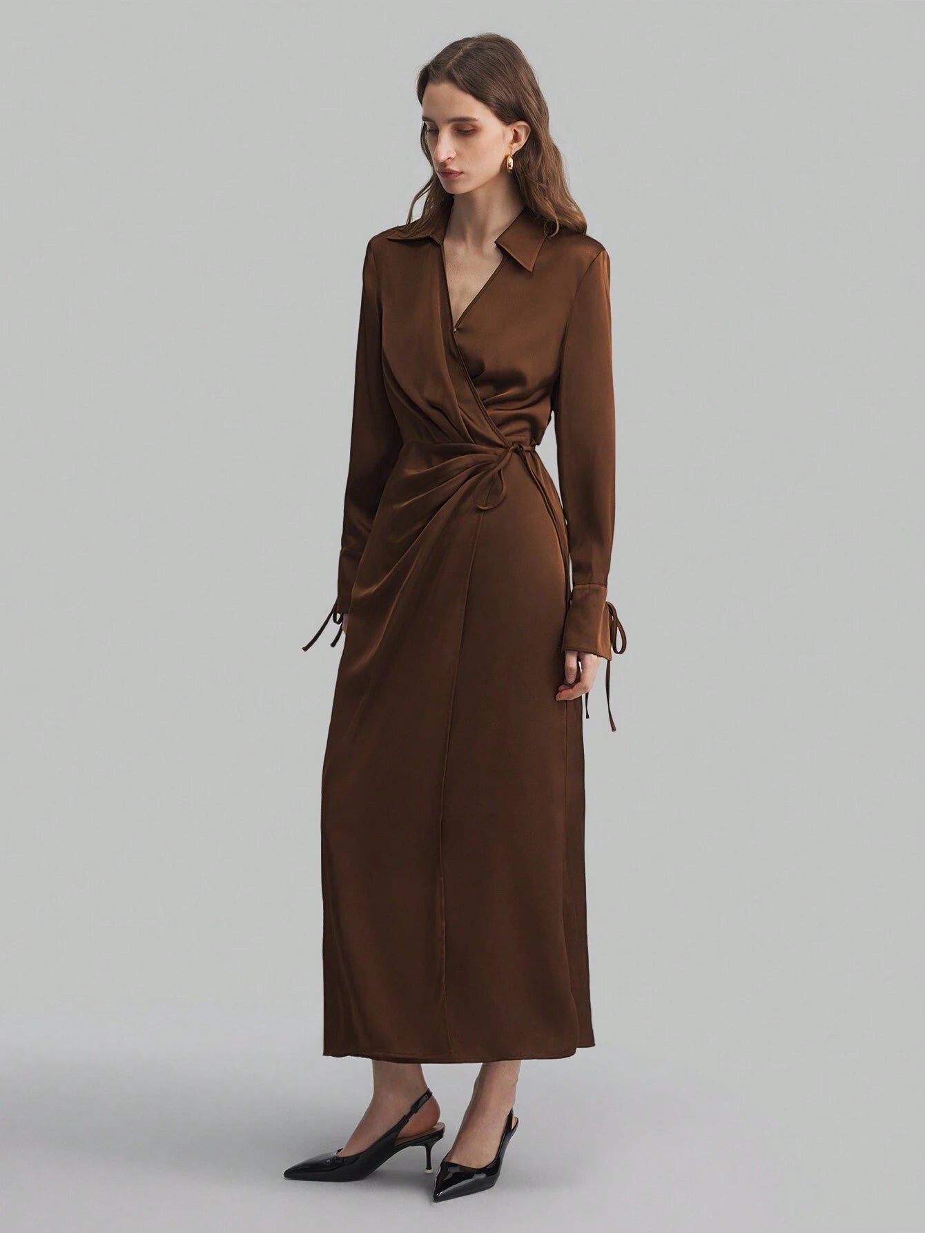 Women's Lapel Long Sleeve Tied V-Neck Loose Midi Dress shein