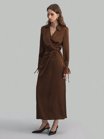 Women's Lapel Long Sleeve Tied V-Neck Loose  Midi Dress