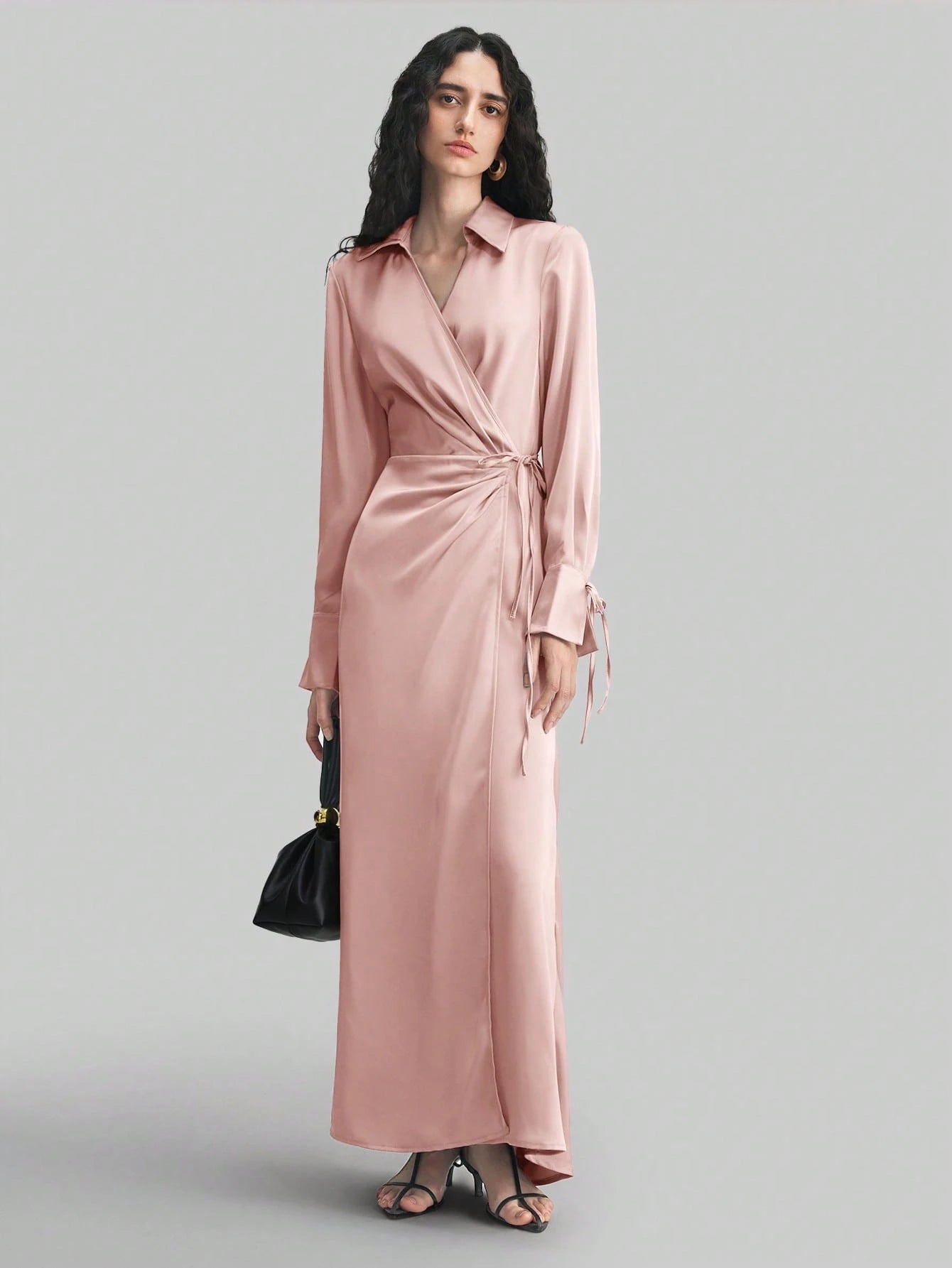 Women's Lapel Long Sleeve Tied V-Neck Loose Midi Dress shein