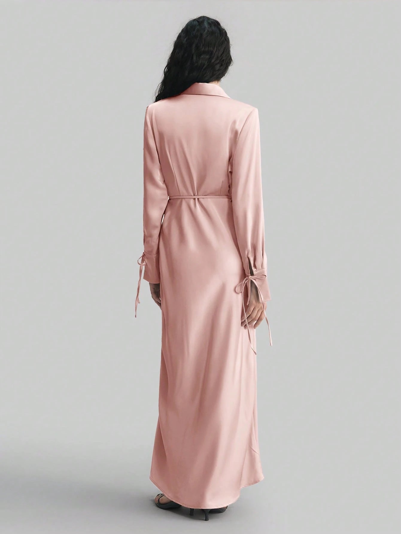 Women's Lapel Long Sleeve Tied V-Neck Loose Midi Dress shein